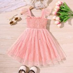 Φόρεμα αμάνικο με λάστιχο στη μέση, χρυσαφί αστέρια και φεγγάρια και ιδιαίτερες λεπτομέρειες στους ώμους, ροζ